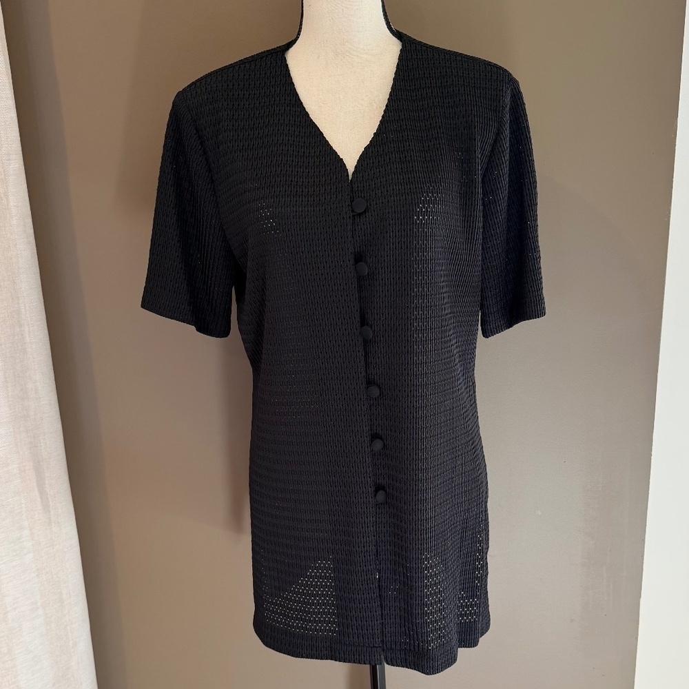 Ronnie Nicole Black Dressy Mesh Blouse, V- neck, Short Sleeve, Size 8